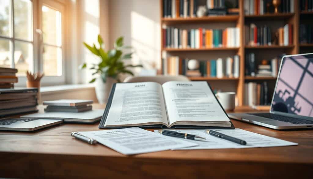 A beautifully arranged workspace scene, showcasing structured application documents including a CV, a cover letter, and a portfolio. The foreground features a clean wooden desk with neatly organized papers, a stylish pen, and a laptop. In the middle, there's an open folder displaying the application materials, exuding professionalism. The background consists of a softly blurred bookshelf filled with career-related books and a potted plant, adding a touch of warmth. Soft natural light streams in from a large window, casting gentle shadows, creating an inviting atmosphere. Shot on a Sony A7R IV, 70mm lens, with clear focus and sharp definition, enhanced by a polarized filter to capture vivid colors. The mood is motivational and inspiring, reflecting the essence of a successful job application. A beautifully arranged workspace scene, showcasing structured application documents including a CV, a cover letter, and a portfolio. The foreground features a clean wooden desk with neatly organized papers, a stylish pen, and a laptop. In the middle, there's an open folder displaying the application materials, exuding professionalism. The background consists of a softly blurred bookshelf filled with career-related books and a potted plant, adding a touch of warmth. Soft natural light streams in from a large window, casting gentle shadows, creating an inviting atmosphere. Shot on a Sony A7R IV, 70mm lens, with clear focus and sharp definition, enhanced by a polarized filter to capture vivid colors. The mood is motivational and inspiring, reflecting the essence of a successful job application.