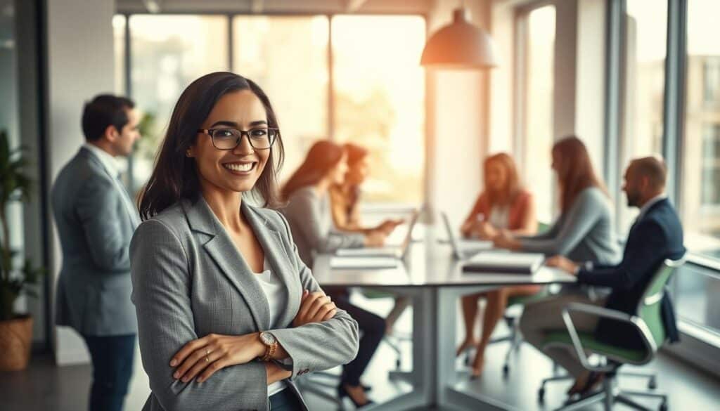 A bright and inspiring office environment showcases a diverse group of professionals engaging in positive role model behavior. In the foreground, a confident woman in smart business attire smiles as she aids a younger colleague, illustrating mentorship. The middle ground features several employees collaborating around a modern conference table, sharing ideas and celebrating achievements, with expressions of motivation and enthusiasm. The background displays large windows letting in natural light, enhancing a sense of openness and creativity. The scene is photographed with a Sony A7R IV at 70mm, employing a polarized filter to create clear focus and sharp definition, contributing to an uplifting atmosphere that conveys the benefits of positive behavior in a professional setting.