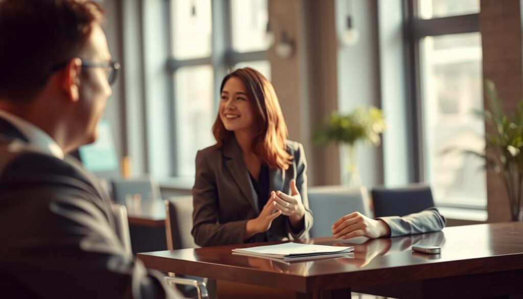 A business interview scene depicting two professionals engaged in a conversation, conveying the sentiment analysis aspect. In the foreground, a male interviewer in a sharp tailored suit sits at a sleek wooden desk, showing a focused and engaged expression. The middle layer features a female interviewee, dressed in a professional business outfit, smiling confidently while gesturing subtly, indicating a friendly and open atmosphere. In the background, a softly blurred office setting with large windows allows natural light to illuminate the space, enhancing warmth. The image captures a balanced mood of professionalism mixed with light-heartedness, demonstrating the importance of recognizing the right mood in interviews. Shot with a Sony A7R IV at 70mm, using a polarized filter to accentuate clarity and detail. A business interview scene depicting two professionals engaged in a conversation, conveying the sentiment analysis aspect. In the foreground, a male interviewer in a sharp tailored suit sits at a sleek wooden desk, showing a focused and engaged expression. The middle layer features a female interviewee, dressed in a professional business outfit, smiling confidently while gesturing subtly, indicating a friendly and open atmosphere. In the background, a softly blurred office setting with large windows allows natural light to illuminate the space, enhancing warmth. The image captures a balanced mood of professionalism mixed with light-heartedness, demonstrating the importance of recognizing the right mood in interviews. Shot with a Sony A7R IV at 70mm, using a polarized filter to accentuate clarity and detail.