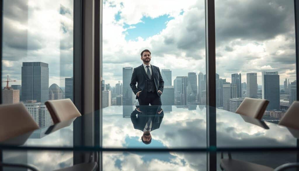A business leader standing confidently at a modern office window, gazing out at a city skyline under a partly cloudy sky, symbolizing resilience amidst uncertainty. In the foreground, a glass conference table reflects soft natural light, emphasizing clarity and focus. The middle ground features the leader, dressed in professional attire, with a determined expression, contemplating potential challenges. The background showcases a blend of skyscrapers and looming clouds, indicating unpredictability and change. The scene is shot with a Sony A7R IV at 70mm, ensuring sharp detail and a professional feel. The atmosphere is thoughtful yet optimistic, with a warm color palette that conveys hope and strength in leadership. A business leader standing confidently at a modern office window, gazing out at a city skyline under a partly cloudy sky, symbolizing resilience amidst uncertainty. In the foreground, a glass conference table reflects soft natural light, emphasizing clarity and focus. The middle ground features the leader, dressed in professional attire, with a determined expression, contemplating potential challenges. The background showcases a blend of skyscrapers and looming clouds, indicating unpredictability and change. The scene is shot with a Sony A7R IV at 70mm, ensuring sharp detail and a professional feel. The atmosphere is thoughtful yet optimistic, with a warm color palette that conveys hope and strength in leadership.