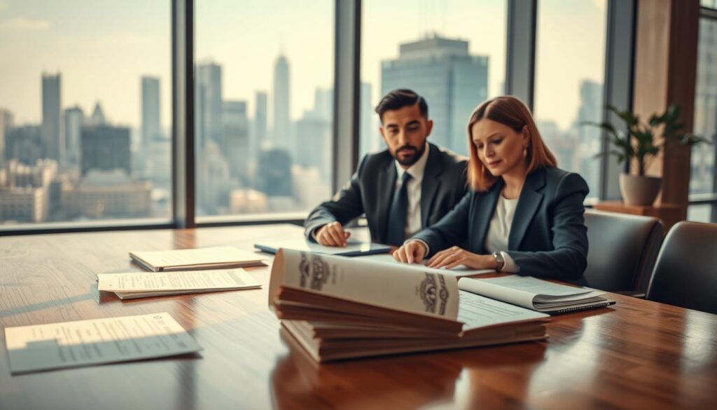 A business meeting scene set in an elegantly designed office representing international trade. In the foreground, a polished wooden table is scattered with important documents, including a prominent, refined bill of exchange, symbolizing the drawn bills in international commerce. In the middle ground, two professionals dressed in sharp business attire—one man and one woman—engage in a serious discussion, with expressions of focus and determination. In the background, a large city skyline is visible through floor-to-ceiling windows, reflecting a vibrant market atmosphere. The lighting is bright and natural, casting soft shadows, specifically enhanced by a polarized filter. Capture this moment with a Sony A7R IV at 70mm, ensuring crisp detail and clarity throughout the composition, evoking a mood of professionalism and trust in global trade.