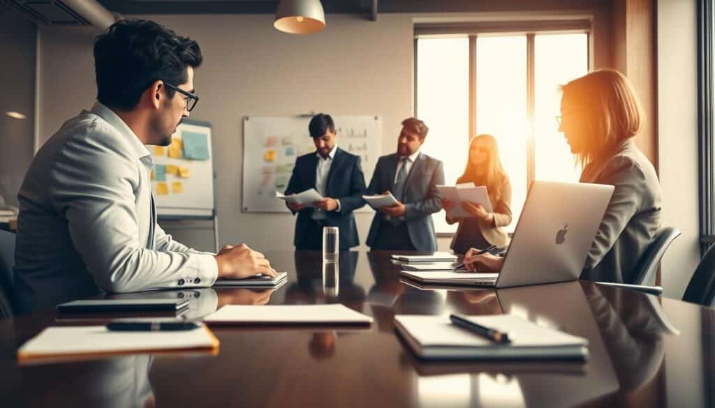 A business professional in a well-lit conference room reflects on a successful kick-off meeting. The foreground features a polished table with notebooks, pens, and a laptop displaying presentation slides. In the middle, a group of four individuals, dressed in smart business attire, engage in animated discussion, reviewing their meeting notes. The background shows a large window with natural light streaming in, providing a warm atmosphere. The decor is modern, with a whiteboard filled with colorful post-it notes and flip charts visible. Capture this scene in a clear, sharply defined manner using a Sony A7R IV at 70mm, with a polarized filter to enhance colors and reduce glare, creating a professional and uplifting mood. A business professional in a well-lit conference room reflects on a successful kick-off meeting. The foreground features a polished table with notebooks, pens, and a laptop displaying presentation slides. In the middle, a group of four individuals, dressed in smart business attire, engage in animated discussion, reviewing their meeting notes. The background shows a large window with natural light streaming in, providing a warm atmosphere. The decor is modern, with a whiteboard filled with colorful post-it notes and flip charts visible. Capture this scene in a clear, sharply defined manner using a Sony A7R IV at 70mm, with a polarized filter to enhance colors and reduce glare, creating a professional and uplifting mood.