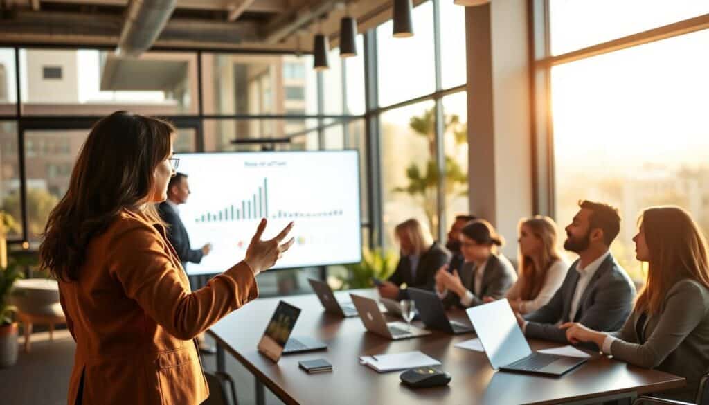 A bustling Silicon Valley office environment, showcasing a diverse group of entrepreneurs and venture capitalists engaged in animated discussions. In the foreground, a confident woman in professional attire gestures passionately towards a sleek digital presentation on a large screen. In the middle, a diverse group of men and women in business attire collaborate at a modern conference table filled with laptops and notes. The background features large windows with a view of iconic Silicon Valley architecture and greenery, bathed in warm, natural light from a late afternoon sun. The mood is energetic and innovative, reflecting the dynamic spirit of the tech startup ecosystem. Shot on Sony A7R IV, 70mm lens, with a polarized filter for enhanced clarity and color vibrancy.