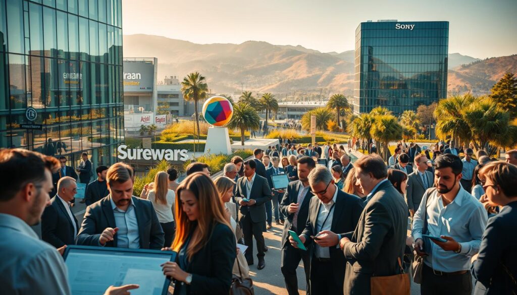 A bustling Silicon Valley scene showcasing innovation and technology at work. In the foreground, a diverse group of professionals in business attire is engaged in animated discussions around high-tech devices and digital screens. In the middle ground, sleek glass buildings feature logos of prominent tech companies, with greenery and modern art installations integrating seamlessly into the landscape. The background reveals the stunning California hills bathed in golden sunlight, creating a warm, inviting atmosphere. The scene is captured with a Sony A7R IV at 70mm, ensuring sharp focus on the individuals and details, enhanced by a polarized filter, giving rich colors and contrasts. The mood is dynamic, inspiring, and forward-looking, encapsulating the essence of innovation that thrives in Silicon Valley.