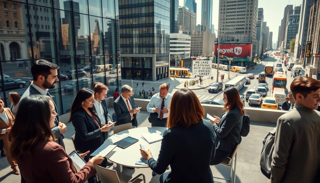 A bustling business district showcasing the role of institutions in the economy. In the foreground, diverse professionals in business attire are engaged in discussions, analyzing documents, and using digital devices, symbolizing collaboration and decision-making. The middle ground features a modern office building with large glass windows, reflecting the urban environment, while a group of people gathers around a round table for a meeting. In the background, city landmarks suggest economic activity, with bustling streets and transportation. The lighting is bright and crisp, casting soft shadows, creating an open, optimistic atmosphere. Captured with a Sony A7R IV at 70mm, the image is sharply defined with a polarized filter, enhancing colors and contrast to evoke a sense of professionalism and productivity. A bustling business district showcasing the role of institutions in the economy. In the foreground, diverse professionals in business attire are engaged in discussions, analyzing documents, and using digital devices, symbolizing collaboration and decision-making. The middle ground features a modern office building with large glass windows, reflecting the urban environment, while a group of people gathers around a round table for a meeting. In the background, city landmarks suggest economic activity, with bustling streets and transportation. The lighting is bright and crisp, casting soft shadows, creating an open, optimistic atmosphere. Captured with a Sony A7R IV at 70mm, the image is sharply defined with a polarized filter, enhancing colors and contrast to evoke a sense of professionalism and productivity.