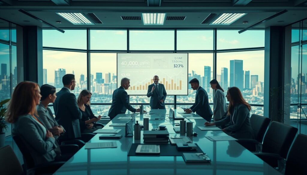 A bustling modern office scene depicting "economic stability." In the foreground, a diverse group of professionals in business attire collaborate around a sleek conference table adorned with charts and documents. The middle ground features a large digital screen displaying positive growth graphs and various financial metrics. In the background, large windows let in natural light, showcasing a vibrant city skyline that symbolizes progress and stability. The atmosphere is dynamic yet focused, conveying a sense of teamwork and confidence. Shot on a Sony A7R IV with a 70mm lens, the image is sharply defined with clear focus and enhanced colors from a polarized filter, emphasizing the professionalism and energy of the workplace. A bustling modern office scene depicting "economic stability." In the foreground, a diverse group of professionals in business attire collaborate around a sleek conference table adorned with charts and documents. The middle ground features a large digital screen displaying positive growth graphs and various financial metrics. In the background, large windows let in natural light, showcasing a vibrant city skyline that symbolizes progress and stability. The atmosphere is dynamic yet focused, conveying a sense of teamwork and confidence. Shot on a Sony A7R IV with a 70mm lens, the image is sharply defined with clear focus and enhanced colors from a polarized filter, emphasizing the professionalism and energy of the workplace.
