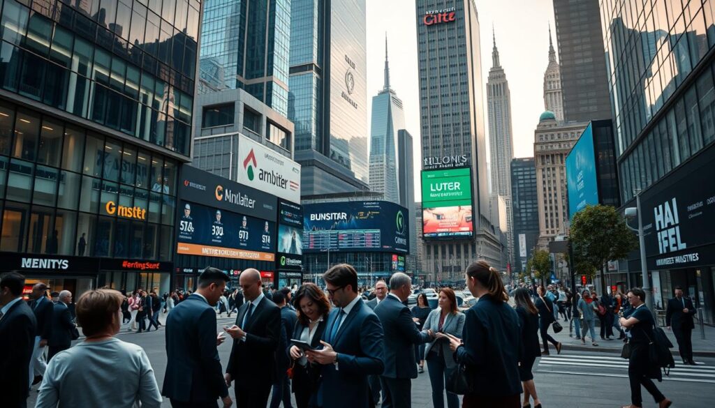 A bustling modern urban financial district showcasing international banks, with sleek glass skyscrapers and architectural diversity in the foreground. Capture a diverse group of professional individuals in business attire engaged in discussions or working on tablets, illustrating teamwork and collaboration. In the middle ground, depict large digital screens displaying financial data and stock market tickers, adding a sense of dynamism. In the background, highlight famous international landmarks that symbolize financial power, subtly blending them into the skyline. Use soft, diffused daylight to create an inviting atmosphere, with a sharp focus and detailed textures, shot on a Sony A7R IV at 70mm with a polarized filter, emphasizing clarity and vibrancy. The overall mood should convey innovation and a global perspective in the world of transactional banking. A bustling modern urban financial district showcasing international banks, with sleek glass skyscrapers and architectural diversity in the foreground. Capture a diverse group of professional individuals in business attire engaged in discussions or working on tablets, illustrating teamwork and collaboration. In the middle ground, depict large digital screens displaying financial data and stock market tickers, adding a sense of dynamism. In the background, highlight famous international landmarks that symbolize financial power, subtly blending them into the skyline. Use soft, diffused daylight to create an inviting atmosphere, with a sharp focus and detailed textures, shot on a Sony A7R IV at 70mm with a polarized filter, emphasizing clarity and vibrancy. The overall mood should convey innovation and a global perspective in the world of transactional banking.