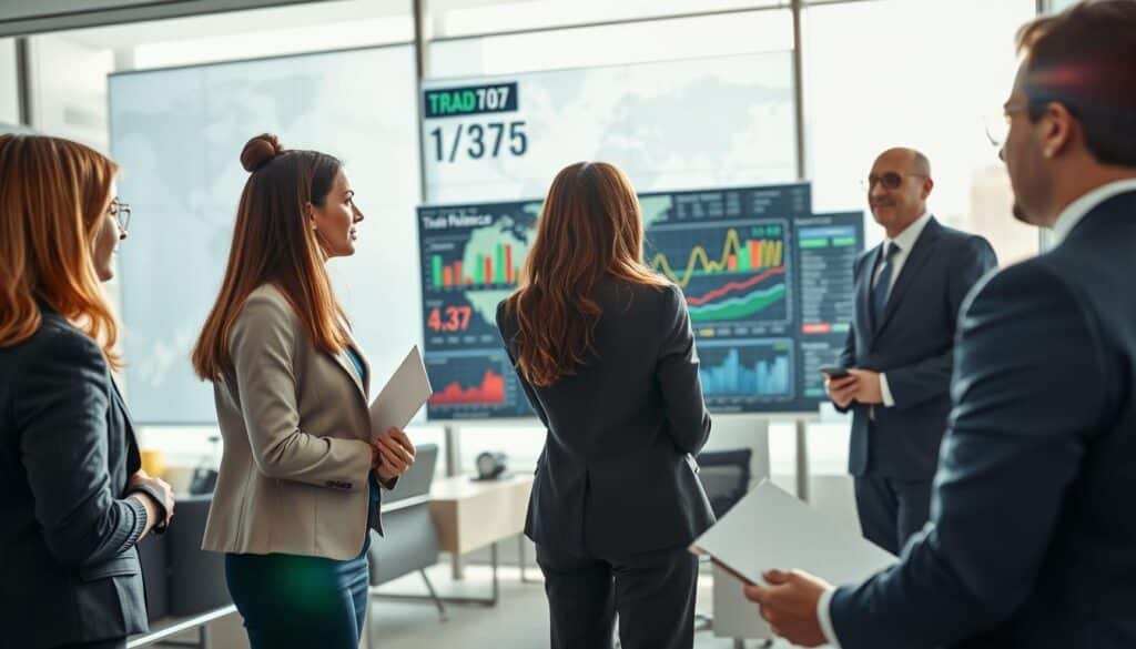 A bustling office environment with business professionals engaged in discussions about economic policies and trade balances. In the foreground, a diverse group of three economists—two women and one man—in professional attire, are analyzing graphs and data on a large screen displaying trade statistics. The scene is framed with modern office furniture and a world map in the background, illustrating global trade routes. A large window lets in bright, natural light, enhancing the energetic yet focused atmosphere, while a slight lens glare adds depth. Shot with a Sony A7R IV at 70mm, the image showcases vibrant yet professional colors, clearly focused and sharply defined with a polarized filter, conveying the dynamic nature of economic policy analysis. A bustling office environment with business professionals engaged in discussions about economic policies and trade balances. In the foreground, a diverse group of three economists—two women and one man—in professional attire, are analyzing graphs and data on a large screen displaying trade statistics. The scene is framed with modern office furniture and a world map in the background, illustrating global trade routes. A large window lets in bright, natural light, enhancing the energetic yet focused atmosphere, while a slight lens glare adds depth. Shot with a Sony A7R IV at 70mm, the image showcases vibrant yet professional colors, clearly focused and sharply defined with a polarized filter, conveying the dynamic nature of economic policy analysis.