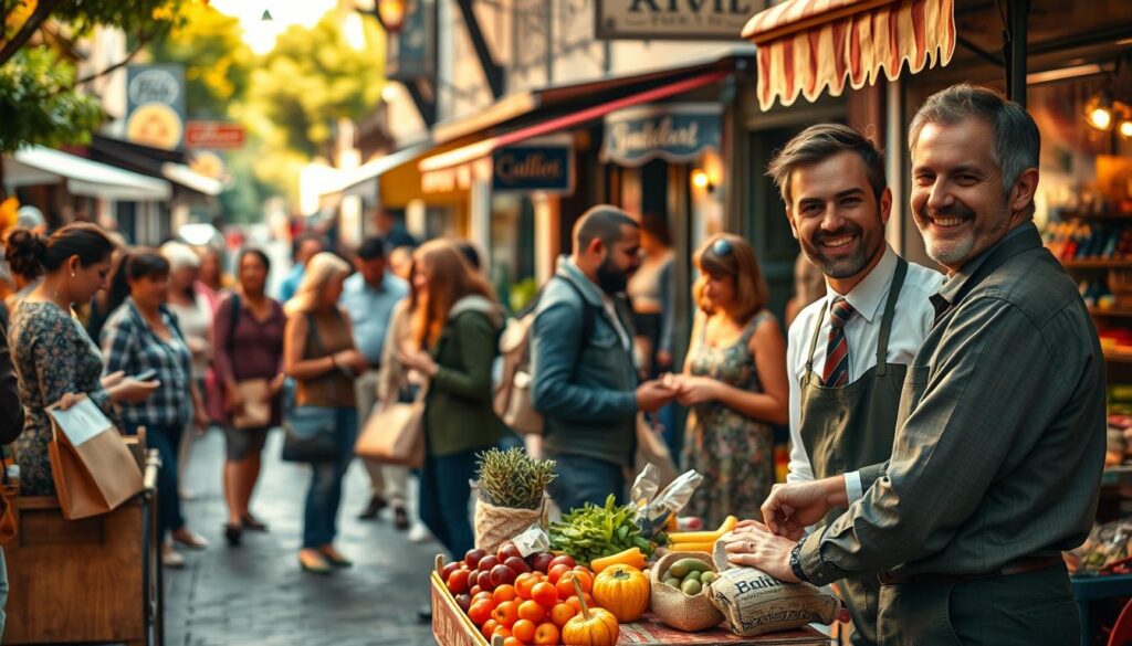 A bustling retail scene showcasing ambulant trade, featuring a friendly vendor in professional attire engaging with diverse customers in a vibrant outdoor market. In the foreground, the vendor is offering fresh, colorful produce and artisan goods from a mobile cart, with warm natural lighting illuminating their products, creating an inviting atmosphere. In the middle ground, customers of various ages and backgrounds interact, showcasing a lively exchange of goods and smiles. The background reveals a charming street lined with small boutique shops, enhancing the community feel. Shot with a Sony A7R IV at 70mm, the focus is sharp and defined, with a polarized filter enhancing the rich colors and textures, capturing the essence of ambulant commerce in the retail landscape. The mood is vibrant and welcoming, emphasizing the importance of ambulant trade in the retail industry.