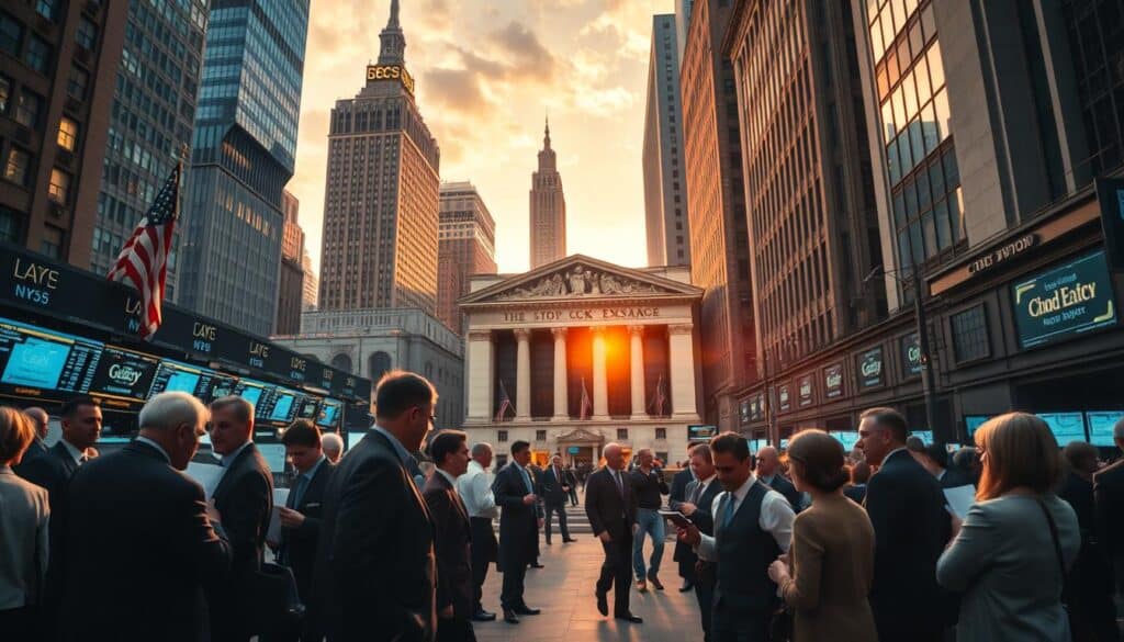 A bustling scene depicting the New York Stock Exchange during the 20th century, set against a backdrop of towering skyscrapers and bright city lights. In the foreground, a diverse group of professionally dressed traders, both men and women in suits and dresses, are engaged in intense discussions, examining stock tickers and financial reports. The middle ground features the iconic facade of the New York Stock Exchange, illuminated as the sun sets, casting a warm golden hue over the scene. In the background, a hazy skyline reflects the mood of an economic downturn, with clouds hinting at uncertainty. The image should be sharply focused, shot with a Sony A7R IV at 70mm, utilizing a polarized filter to enhance contrast and detail, evoking a sense of tension and anticipation in the atmosphere.