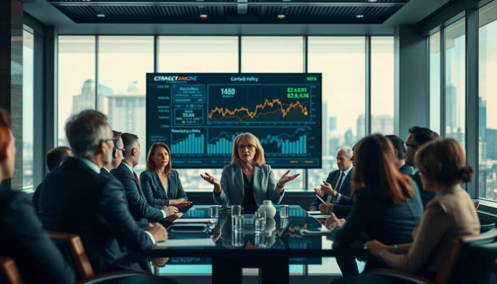 A central banking conference taking place in a modern, sleek conference room. In the foreground, a diverse group of elegantly-dressed professionals engaged in discussion, with an emphasis on a middle-aged woman at the center, passionately speaking and gesturing. The middle ground features a large digital screen displaying complex graphs and charts related to monetary policy and economic indicators. The background showcases large windows with a city skyline, highlighting a bright day, allowing natural light to illuminate the room. The atmosphere is professional and insightful, filled with a sense of urgency and importance. Shot on a Sony A7R IV at 70mm, clearly focused and sharply defined, with a polarized filter enhancing the vivid colors and contrast in the scene.