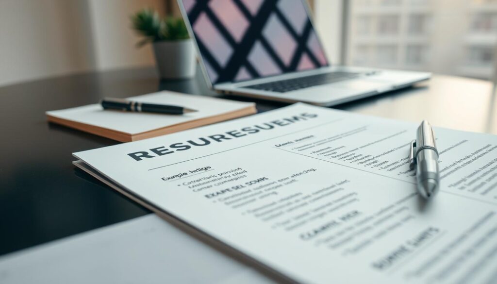 A close-up image of a professional-looking resume page displayed on a modern desk. The resume highlights various competencies with creatively formatted bullet points and headings, showcasing example phrases that effectively illustrate skills like teamwork, communication, and problem-solving. The desk is stylishly arranged with a sleek pen, a notepad, and a laptop in the background, giving a sense of a productive work environment. Soft, natural lighting from a nearby window creates a warm, inviting atmosphere. The shot is taken with a Sony A7R IV at 70mm, ensuring sharp focus on the resume while softly blurring the background elements for depth, enhancing the overall professional look of the scene. A close-up image of a professional-looking resume page displayed on a modern desk. The resume highlights various competencies with creatively formatted bullet points and headings, showcasing example phrases that effectively illustrate skills like teamwork, communication, and problem-solving. The desk is stylishly arranged with a sleek pen, a notepad, and a laptop in the background, giving a sense of a productive work environment. Soft, natural lighting from a nearby window creates a warm, inviting atmosphere. The shot is taken with a Sony A7R IV at 70mm, ensuring sharp focus on the resume while softly blurring the background elements for depth, enhancing the overall professional look of the scene.
