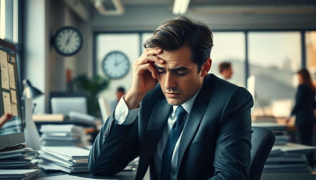 A close-up of a professional, exhausted office worker in a modern workplace setting, sitting at a cluttered desk surrounded by stacks of paperwork and a glowing computer screen. The individual, wearing smart business attire, has their head resting in one hand and displays a stressed expression, reflecting signs of overwhelm. In the background, blurred office elements like a clock showing late hours and colleagues engaging in conversations contribute to the atmosphere of pressure. Soft, natural lighting from a window contrasts with the harsh artificial light of the working environment, enhancing the overall mood of tension and fatigue. Shot on a Sony A7R IV with a 70mm lens, clearly focused and sharply defined, utilizing a polarized filter for clarity and depth. A close-up of a professional, exhausted office worker in a modern workplace setting, sitting at a cluttered desk surrounded by stacks of paperwork and a glowing computer screen. The individual, wearing smart business attire, has their head resting in one hand and displays a stressed expression, reflecting signs of overwhelm. In the background, blurred office elements like a clock showing late hours and colleagues engaging in conversations contribute to the atmosphere of pressure. Soft, natural lighting from a window contrasts with the harsh artificial light of the working environment, enhancing the overall mood of tension and fatigue. Shot on a Sony A7R IV with a 70mm lens, clearly focused and sharply defined, utilizing a polarized filter for clarity and depth.