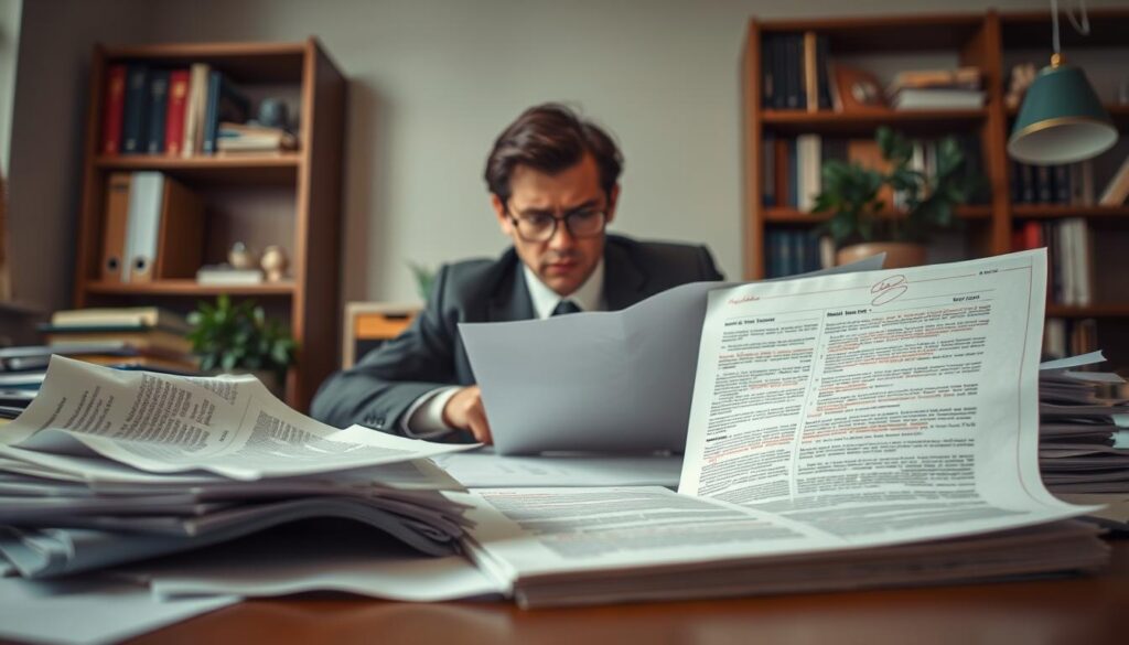 A close-up of an office desk cluttered with common job application errors. In the foreground, there's a crumpled resume and an open cover letter with red ink corrections and notes. In the middle, a professional-looking person (dressed in business attire) frowns while reviewing a stack of papers, showing frustration at the mistakes. In the background, a well-organized bookshelf with career development books and a potted plant adds a touch of warmth. The lighting is soft, creating a serious atmosphere that reflects the tension of the job application process. Shot on a Sony A7R IV at 70mm, clearly focused and sharply defined, using a polarized filter to enhance the details.