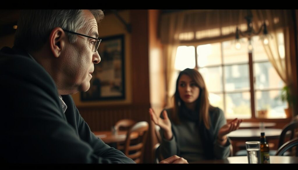A close-up scene depicting two individuals engaged in a deep, empathetic conversation in an inviting, cozy cafe setting. In the foreground, one person, a middle-aged man in professional attire, leans forward intently, conveying understanding, while the other, a young woman in modest, casual clothing, gestures expressively, her eyes reflecting vulnerability. The background softly blurs, featuring warm wooden furniture and gentle lighting that creates a comfortable atmosphere. The sunlight filters through the window, casting gentle shadows and adding depth to the scene, while the camera angle captures the emotion and connection between them. Shot on a Sony A7R IV at 70mm, with a polarized filter to enhance clarity and color contrast.