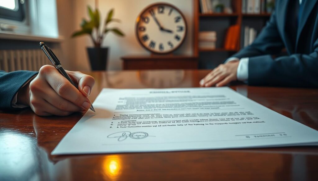A close-up shot of a professional-looking Kündigungsurkunde (termination notice) laid flat on an elegant wooden desk, with a subtle focus on the document's official seals and signatures. In the foreground, a pair of hands dressed in formal business attire, gently holding a pen, poised to review the document. The middle layer features a softly blurred clock on the wall, symbolizing the urgency of the situation. In the background, slightly out of focus, a minimalist office space with a potted plant and a bookshelf to convey a professional atmosphere. The lighting is soft and warm, reflecting a serious yet calm mood, with a natural daylight filtering through the window, enhancing the details of the document. Captured with a Sony A7R IV at 70mm, using a polarized filter for sharpness and clarity.