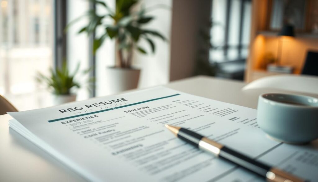 A close-up shot of a professional, polished resume laid flat on a clean, modern desk, highlighting the absence of a photo. The resume features a well-structured layout with sections for experience, education, and skills. In the background, a blurred office environment shows plants and subtle lighting, creating a warm but focused atmosphere. A soft, diffused natural light filters through a nearby window, enhancing the clarity of the text. The foreground includes a stylish pen and a cup of coffee, suggesting a moment of contemplation. Shot on a Sony A7R IV with a 70mm lens, ensure the image is sharply defined with a polarized filter to reduce glare, emphasizing professionalism and the importance of visual presentation in job applications. A close-up shot of a professional, polished resume laid flat on a clean, modern desk, highlighting the absence of a photo. The resume features a well-structured layout with sections for experience, education, and skills. In the background, a blurred office environment shows plants and subtle lighting, creating a warm but focused atmosphere. A soft, diffused natural light filters through a nearby window, enhancing the clarity of the text. The foreground includes a stylish pen and a cup of coffee, suggesting a moment of contemplation. Shot on a Sony A7R IV with a 70mm lens, ensure the image is sharply defined with a polarized filter to reduce glare, emphasizing professionalism and the importance of visual presentation in job applications.