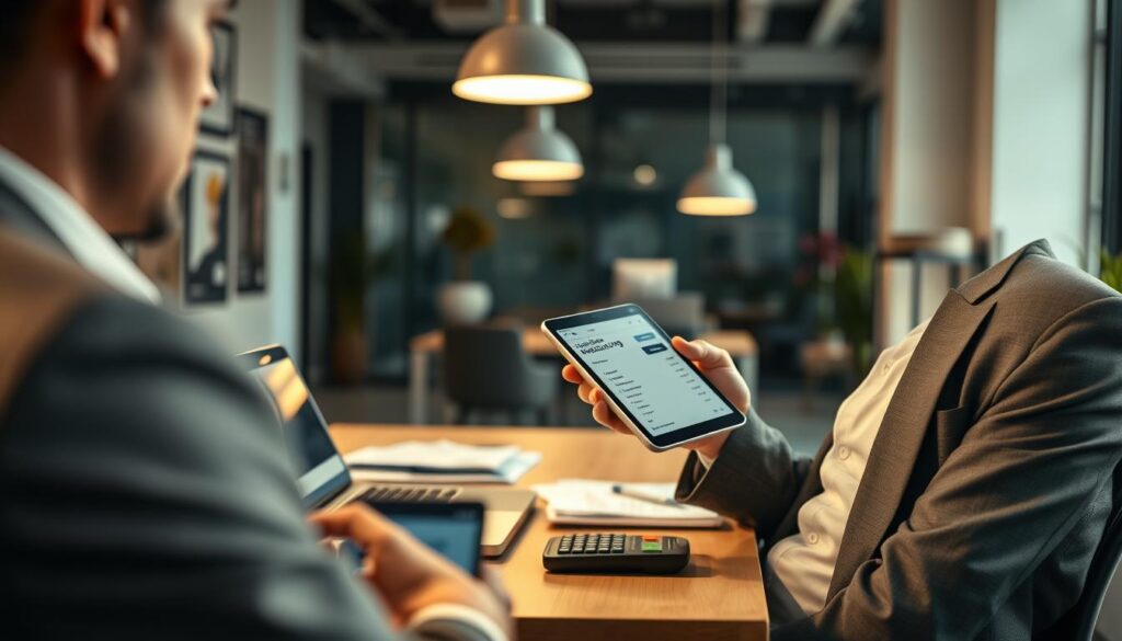 A close-up shot of a professional setting showcasing a "halbbare Zahlung" transaction. In the foreground, a businessperson in professional attire (a crisp suit) is reviewing a digital payment interface on a tablet, their face showing contemplation and focus. In the middle ground, a sleek, modern desk holds a laptop, documents, and a calculator, with a soft glow from an overhead light illuminating the scene. The background features a blurred office environment with contemporary decor, suggesting a bustling workplace. The lighting is warm and inviting, highlighting the technological aspects while creating an atmosphere of productivity and professionalism. Shot on a Sony A7R IV at 70mm, the image is sharply defined with a polarized filter, ensuring clarity and vivid detail throughout.