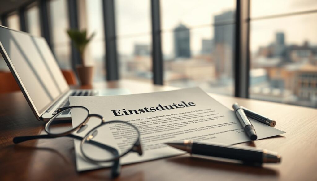A close-up view of a legal document titled "Einstweilige Verfügung," prominently displayed on a sleek wooden desk in a modern office environment. In the foreground, a pair of reading glasses rest beside the document, highlighting its significance. The middle ground features a gently blurred laptop and a stylish pen, emphasizing a professional setting. In the background, a large window filters in soft, natural light, with a city skyline visible, suggesting a bustling business atmosphere. The lighting should create a warm yet focused ambiance, showcasing the importance of legal proceedings. The scene feels serious and contemplative, reflecting the weight of the subject matter, captured with a Sony A7R IV at 70mm, ensuring every detail is sharply defined using a polarized filter.