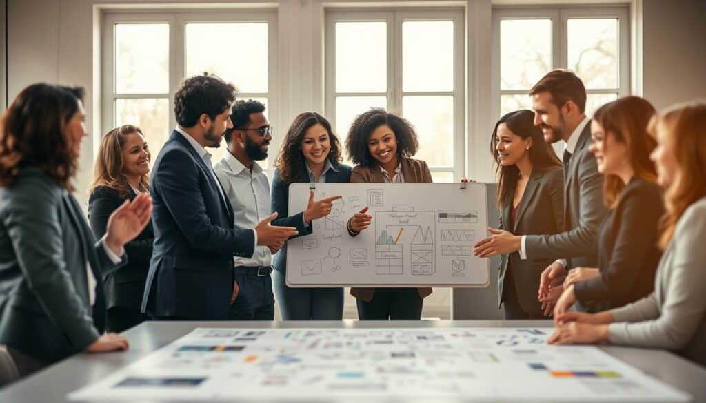 A collaborative scene depicting a diverse group of professionals engaged in teamwork around a large, modern conference table. In the foreground, individuals of various ethnicities, dressed in smart business attire, are sharing ideas and brainstorming enthusiastically, with gestures indicating open communication and mutual respect. The middle ground features a whiteboard filled with colorful diagrams and notes, symbolizing their collective input. In the background, large windows let in soft, natural light, creating a warm and inviting atmosphere. The shot is clearly focused, demonstrating sharp details and vibrant colors, taken with a Sony A7R IV at 70mm, utilizing a polarized filter to enhance clarity and mood. The overall vibe is one of collaboration, equality, and progressive teamwork.