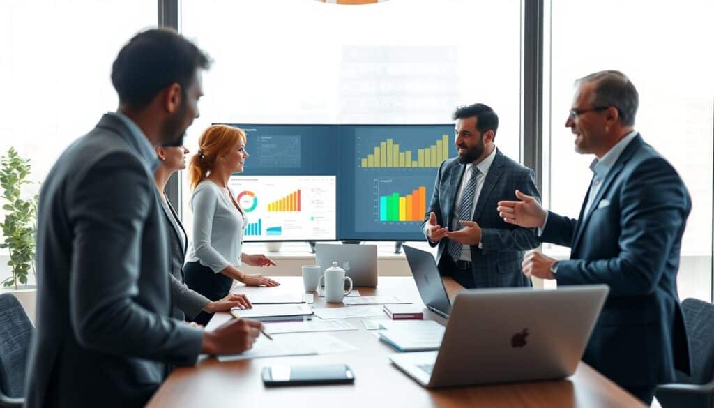 A collaborative scene of diverse professionals in a bright, modern conference room, discussing successful non-profit organizations. In the foreground, a group of four individuals—two women and two men, all dressed in professional business attire—are engaged in an animated discussion, reviewing colorful charts and graphs on a digital screen. In the middle, a large table is strewn with documents and laptops, embodying a productive brainstorming session. The background features large windows allowing natural light to flood in, illuminating the room and casting soft shadows. The atmosphere is energetic and focused, symbolizing teamwork and innovation in the non-profit sector. Shot with a Sony A7R IV at 70mm, ensuring sharp detail and a polished look, enhanced by a polarized filter to enrich colors.