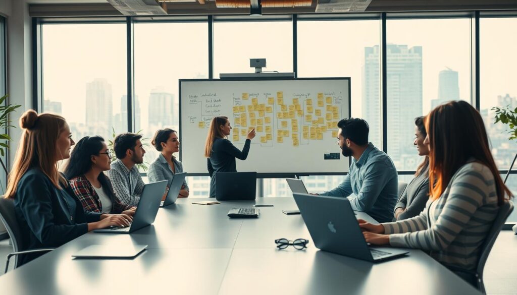 A collaborative workspace illustrating various models of hybrid work. In the foreground, a diverse group of professionals in smart casual attire engages in video conferencing at a sleek, modern desk, their laptops open. The middle layer showcases a whiteboard filled with flowcharts and post-it notes, representing brainstorming and project management. In the background, large windows allow natural light to flood the room, offering a view of an urban skyline, suggesting a progressive environment. The atmosphere is dynamic and cohesive, emphasizing teamwork and flexibility. The image is shot on a Sony A7R IV at 70mm, featuring a sharply defined focus with a polarized filter to enhance the light and colors, creating an inviting ambiance. A collaborative workspace illustrating various models of hybrid work. In the foreground, a diverse group of professionals in smart casual attire engages in video conferencing at a sleek, modern desk, their laptops open. The middle layer showcases a whiteboard filled with flowcharts and post-it notes, representing brainstorming and project management. In the background, large windows allow natural light to flood the room, offering a view of an urban skyline, suggesting a progressive environment. The atmosphere is dynamic and cohesive, emphasizing teamwork and flexibility. The image is shot on a Sony A7R IV at 70mm, featuring a sharply defined focus with a polarized filter to enhance the light and colors, creating an inviting ambiance.