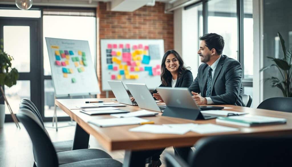 A collaborative workspace reflecting the concept of "Jobsharing", featuring two professionals engaged in a productive discussion. In the foreground, a diverse duo, one female and one male, dressed in professional business attire, are seated at a modern wooden table strewn with documents and laptops, exuding teamwork and focus. The middle ground showcases a whiteboard filled with colorful post-it notes, illustrating ideas and strategies for successful job sharing. The background presents a bright office environment with large windows allowing natural light to flood in, creating an inviting atmosphere. Shot on a Sony A7R IV at 70mm, with a polarized filter to enhance clarity and color saturation. The mood is professional yet collaborative, emphasizing the principles of communication and shared responsibility in successful job sharing. A collaborative workspace reflecting the concept of "Jobsharing", featuring two professionals engaged in a productive discussion. In the foreground, a diverse duo, one female and one male, dressed in professional business attire, are seated at a modern wooden table strewn with documents and laptops, exuding teamwork and focus. The middle ground showcases a whiteboard filled with colorful post-it notes, illustrating ideas and strategies for successful job sharing. The background presents a bright office environment with large windows allowing natural light to flood in, creating an inviting atmosphere. Shot on a Sony A7R IV at 70mm, with a polarized filter to enhance clarity and color saturation. The mood is professional yet collaborative, emphasizing the principles of communication and shared responsibility in successful job sharing.