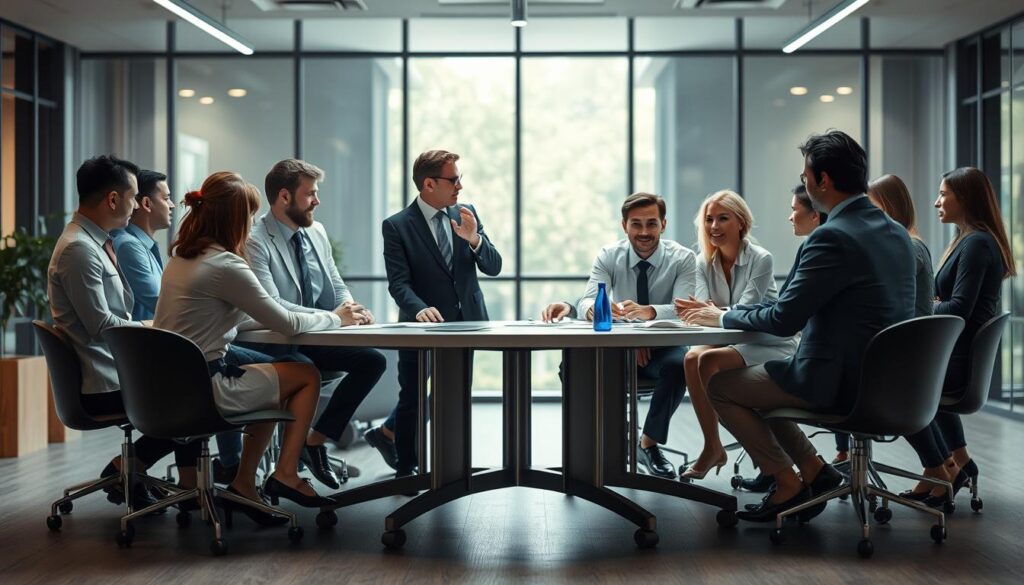 A compelling comparative image illustrating "cooperative leadership" versus "traditional leadership styles." In the foreground, two groups of diverse professionals, dressed in professional business attire, engage in a collaborative brainstorming session around a circular table. The middle section shows contrasting scenes: one side depicting a traditional leader dictating to a passive team, while the other side illustrates an interactive discussion with team members contributing ideas equally. The background features a modern office environment with large windows allowing natural light to illuminate the scene, creating an inviting atmosphere. Shot on a Sony A7R IV at 70mm, focus is sharp with a polarized filter enhancing clarity and vividness, capturing the essence of teamwork and leadership dynamics.