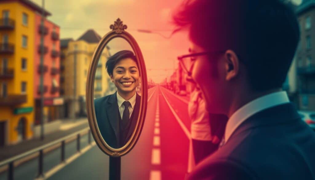 A conceptual illustration of irony's functions, featuring a whimsical yet thought-provoking scene. In the foreground, a person in professional attire, thoughtfully gazing at a mirror that reflects a contrasting reality—an exaggeratedly happy face juxtaposed against a serious backdrop. In the middle, elements representing duality, like a split path: one side bright and cheerful, the other dark and moody, symbolizing the complexity of irony. The background should have an abstract cityscape blending cheerful colors with somber tones, enhancing a surreal atmosphere. Soft, diffused lighting creates a dreamlike effect, while the use of a polarized filter adds depth to the colors. Shot with a Sony A7R IV at 70mm for sharp definition and clarity, inviting viewers to contemplate the art of subtle mockery in irony. A conceptual illustration of irony's functions, featuring a whimsical yet thought-provoking scene. In the foreground, a person in professional attire, thoughtfully gazing at a mirror that reflects a contrasting reality—an exaggeratedly happy face juxtaposed against a serious backdrop. In the middle, elements representing duality, like a split path: one side bright and cheerful, the other dark and moody, symbolizing the complexity of irony. The background should have an abstract cityscape blending cheerful colors with somber tones, enhancing a surreal atmosphere. Soft, diffused lighting creates a dreamlike effect, while the use of a polarized filter adds depth to the colors. Shot with a Sony A7R IV at 70mm for sharp definition and clarity, inviting viewers to contemplate the art of subtle mockery in irony.