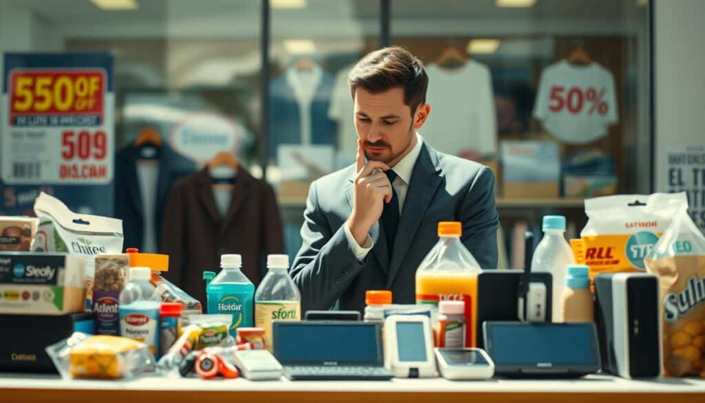 A conceptual image illustrating the definition of inferior goods. In the foreground, a diverse array of everyday low-cost products such as generic brands of groceries, discount clothing, and budget electronics displayed on a table, showcasing their affordability. The middle ground features a thoughtful professional in business attire examining the items, with a clear focus on their expressions of analysis and assessment. The background reveals a blurred storefront with signs indicating sales and discounts. The lighting is bright and natural, creating a clear and engaging atmosphere, with a slight lens flare from sunlight. Shot on a Sony A7R IV at 70mm, capturing sharp details and vivid colors, emphasizing the contrast between luxury and affordability.