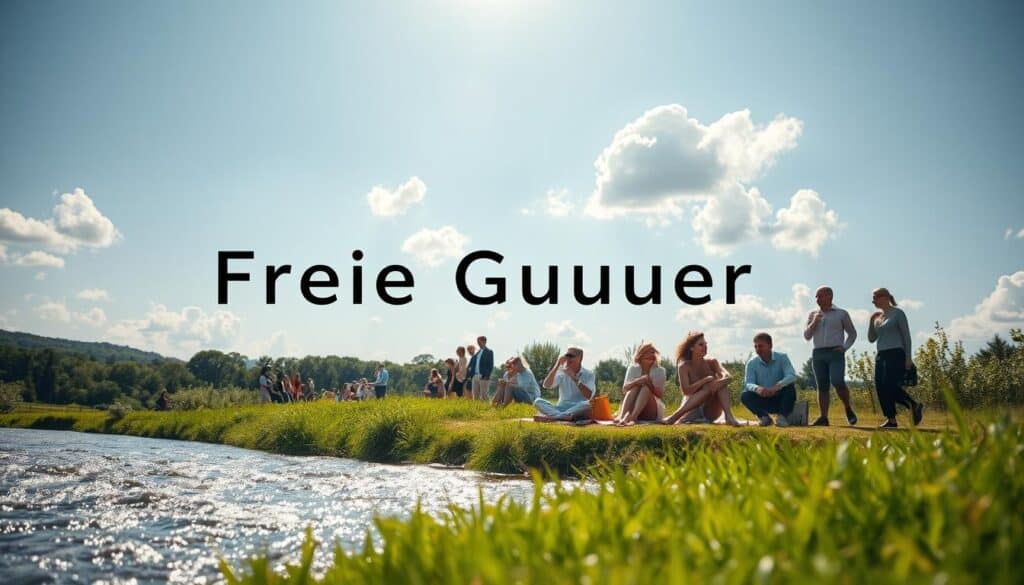 A conceptual representation of "Freie Güter" featuring a serene outdoor scene in the foreground showcasing a clear, flowing river and vibrant green landscape, symbolizing abundance and accessibility. In the middle ground, include a diverse group of individuals engaged in leisure activities, such as picnicking and playing, all dressed in professional casual attire, conveying the joy and shared benefits of free goods. The background should display a sunny sky with fluffy clouds, creating a tranquil and inviting atmosphere. Use dramatic lighting to emphasize the warmth of the sun. The image should be shot on a Sony A7R IV at 70mm, ensuring sharp focus and clear definition, with a polarized filter to enhance color vibrancy and reduce glare. A conceptual representation of "Freie Güter" featuring a serene outdoor scene in the foreground showcasing a clear, flowing river and vibrant green landscape, symbolizing abundance and accessibility. In the middle ground, include a diverse group of individuals engaged in leisure activities, such as picnicking and playing, all dressed in professional casual attire, conveying the joy and shared benefits of free goods. The background should display a sunny sky with fluffy clouds, creating a tranquil and inviting atmosphere. Use dramatic lighting to emphasize the warmth of the sun. The image should be shot on a Sony A7R IV at 70mm, ensuring sharp focus and clear definition, with a polarized filter to enhance color vibrancy and reduce glare.