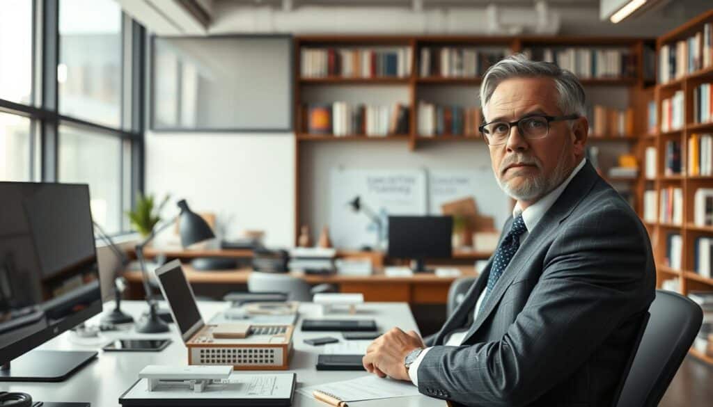A conceptual thinker in a modern office space, seated at a sleek desk filled with design sketches, architectural models, and digital devices. The foreground highlights the thinker, a middle-aged individual in smart business attire, with expressive eyes reflecting deep contemplation. In the middle ground, the desk is organized yet cluttered with creative tools, while a large window allows natural light to flood the room, enhancing the atmosphere of inspiration and focus. The background features a wall of bookshelves filled with literature on innovation and strategy. The mood is serene yet intellectually dynamic, evoking a sense of creativity and deep thought. The image is captured with a Sony A7R IV at 70mm, ensuring sharp detail and clarity, complemented by a polarized filter to enhance colors and contrast.