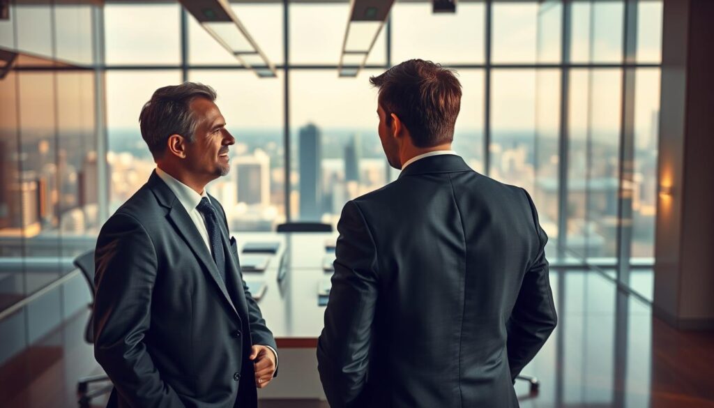 A confident business professional, dressed in a tailored suit, stands in the foreground, engaging in a sincere conversation with a colleague. Their expressions reflect trust and collaboration, emphasizing the essence of building confidence and credibility. In the middle ground, a modern office setting showcases a large conference table, with documents and digital devices signifying teamwork. The background features glass windows that reveal a vibrant city skyline, symbolizing progress and opportunity. The lighting is warm and inviting, creating a positive atmosphere, with soft shadows that enhance the professionalism of the scene. Photographed with a Sony A7R IV at 70mm, the image is sharply defined with a polarized filter to enrich colors and contrast, capturing the mood of integrity and success in the workplace. A confident business professional, dressed in a tailored suit, stands in the foreground, engaging in a sincere conversation with a colleague. Their expressions reflect trust and collaboration, emphasizing the essence of building confidence and credibility. In the middle ground, a modern office setting showcases a large conference table, with documents and digital devices signifying teamwork. The background features glass windows that reveal a vibrant city skyline, symbolizing progress and opportunity. The lighting is warm and inviting, creating a positive atmosphere, with soft shadows that enhance the professionalism of the scene. Photographed with a Sony A7R IV at 70mm, the image is sharply defined with a polarized filter to enrich colors and contrast, capturing the mood of integrity and success in the workplace.