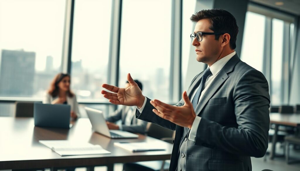 A confident business professional, dressed in formal attire, stands at a negotiation table, exuding authority and poise. In the foreground, the figure gestures expressively, with documents and a laptop open on the table, indicating a strategic discussion. In the middle ground, other professionals engage attentively, demonstrating a collaborative atmosphere. The background features a modern office environment with large windows showcasing a city skyline, symbolizing opportunity. Soft, natural light filters through, highlighting the intensity of the moment. Captured with a Sony A7R IV at 70mm, the image is sharply defined, emphasizing details in the subjects' expressions and the sleek office decor, conveying an atmosphere of determination and focus. A confident business professional, dressed in formal attire, stands at a negotiation table, exuding authority and poise. In the foreground, the figure gestures expressively, with documents and a laptop open on the table, indicating a strategic discussion. In the middle ground, other professionals engage attentively, demonstrating a collaborative atmosphere. The background features a modern office environment with large windows showcasing a city skyline, symbolizing opportunity. Soft, natural light filters through, highlighting the intensity of the moment. Captured with a Sony A7R IV at 70mm, the image is sharply defined, emphasizing details in the subjects' expressions and the sleek office decor, conveying an atmosphere of determination and focus.