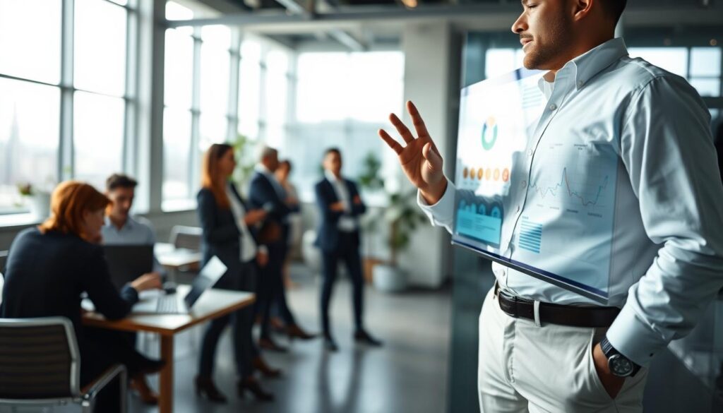 A confident business professional in a crisp white shirt and smart trousers stands in a modern office environment, demonstrating a complex analysis on a large touchscreen display filled with charts and diagrams. In the foreground, a close-up focuses on their hand interacting with the screen, illustrating practical application of hard skills in a dynamic way. The midground features colleagues engaged in discussion, some taking notes on laptops, emphasizing teamwork and collaboration. The background shows large windows, letting in bright natural light that enhances the technology-driven workspace atmosphere. The overall mood is focused and forward-thinking, shot on a Sony A7R IV at 70mm with a polarized filter for clarity and sharp definition, creating a professional and motivating ambiance. A confident business professional in a crisp white shirt and smart trousers stands in a modern office environment, demonstrating a complex analysis on a large touchscreen display filled with charts and diagrams. In the foreground, a close-up focuses on their hand interacting with the screen, illustrating practical application of hard skills in a dynamic way. The midground features colleagues engaged in discussion, some taking notes on laptops, emphasizing teamwork and collaboration. The background shows large windows, letting in bright natural light that enhances the technology-driven workspace atmosphere. The overall mood is focused and forward-thinking, shot on a Sony A7R IV at 70mm with a polarized filter for clarity and sharp definition, creating a professional and motivating ambiance.