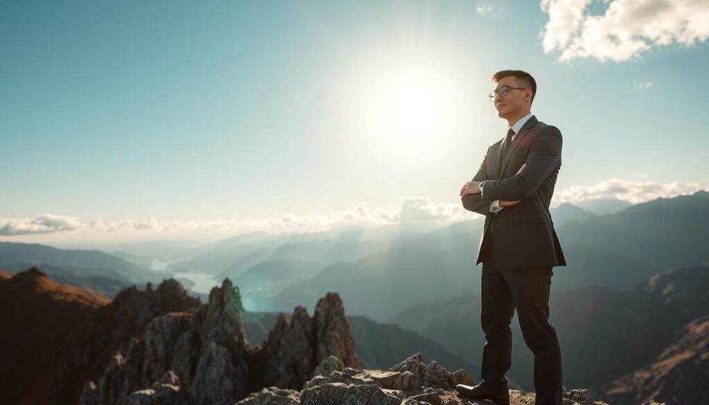 A confident business professional standing on a mountain peak, symbolizing persistence and self-assurance. The foreground features a person in a tailored suit, arms crossed, looking out towards a horizon filled with bright sunlight breaking through clouds, emphasizing determination. In the middle, the rugged rocks and steep cliffs convey the challenges faced in life. The background includes a breathtaking panoramic view of valleys and mountain ranges under a clear blue sky. The scene is captured with soft, diffused lighting to create a warm and inspiring atmosphere. Shot on a Sony A7R IV at 70mm, sharply focused with a polarized filter, highlighting the subject's expression of resolute confidence. A confident business professional standing on a mountain peak, symbolizing persistence and self-assurance. The foreground features a person in a tailored suit, arms crossed, looking out towards a horizon filled with bright sunlight breaking through clouds, emphasizing determination. In the middle, the rugged rocks and steep cliffs convey the challenges faced in life. The background includes a breathtaking panoramic view of valleys and mountain ranges under a clear blue sky. The scene is captured with soft, diffused lighting to create a warm and inspiring atmosphere. Shot on a Sony A7R IV at 70mm, sharply focused with a polarized filter, highlighting the subject's expression of resolute confidence.