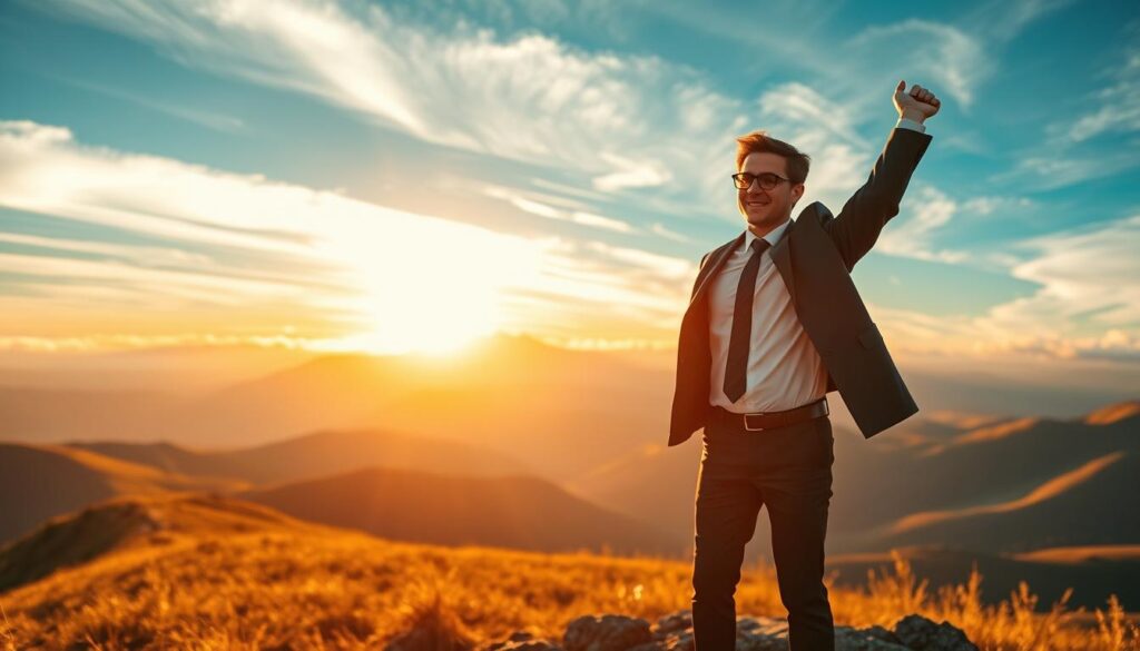 A confident individual standing on a mountaintop, arms raised triumphantly against a vibrant sunrise, symbolizing self-assurance and courageous action. The foreground features the figure in professional business attire, with a determined expression, embodying the essence of confidence. In the middle ground, rolling hills descend into a valley, accentuated by the golden light of dawn illuminating the landscape. The background showcases a clear blue sky streaked with clouds, suggesting a new beginning and opportunities ahead. The scene captures a serene yet empowering atmosphere, reflecting the significance of embracing challenges. The image is shot using a Sony A7R IV at 70mm, featuring sharp focus and clarity, enhanced by a polarized filter to enrich colors and reduce glare.