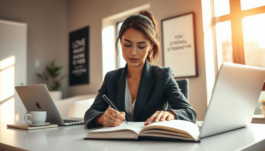 A confident professional woman in a tailored suit, sitting at a sleek modern desk, is thoughtfully writing down her strengths in a well-organized notebook. In the foreground, a close-up of her focused expression shows determination and clarity. The middle ground features a soft-lit workspace with a laptop, a cup of coffee, and motivational quotes subtly framed on the wall. In the background, a large window lets in warm, natural light, creating a bright and inspiring atmosphere. Shot on a Sony A7R IV at 70mm, the image has a clearly focused, sharply defined look, enhanced by a polarized filter, evoking a sense of empowerment and professionalism.