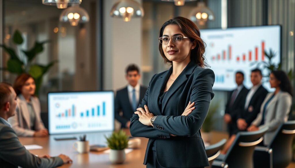 A confident professional woman standing in a modern office conference room, beautifully decorated with plants and warm lighting. She is presenting herself during an internal job interview, dressed in a smart business suit, with a thoughtful expression as she gestures towards a digital presentation screen displaying charts and graphs. In the background, a diverse panel of colleagues, also in professional attire, listen attentively, creating an atmosphere of collaboration and opportunity. The lighting is soft yet focused, casting a harmonious glow around the scene, captured with a Sony A7R IV at 70mm to ensure a sharp and defined image. The mood is inspiring, highlighting the importance of self-presentation in career advancement.