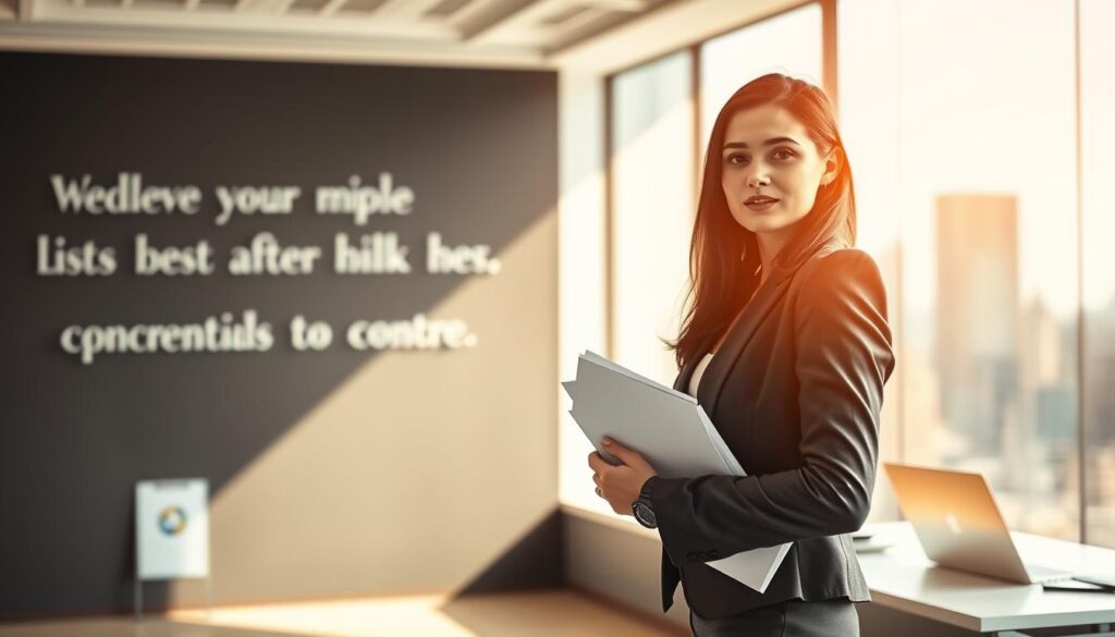 A confident young professional woman stands in a sleek, modern office environment, clearly expressing motivation and determination. She wears professional business attire, exuding an air of professionalism while holding a set of documents in one hand. In the foreground, she is positioned slightly to the right, with a focused expression, highlighting her readiness for an internal interview. The middle ground features a large window showcasing a city skyline, letting in soft, natural light that casts warm reflections on her face. In the background, a well-organized desk with motivational quotes and a laptop underscores the theme of clarity and aspirations. The image is shot using a Sony A7R IV at 70mm, captured with precise focus and definition, complemented by a polarized filter to enhance colors and reduce glare. The atmosphere radiates positivity and ambition.