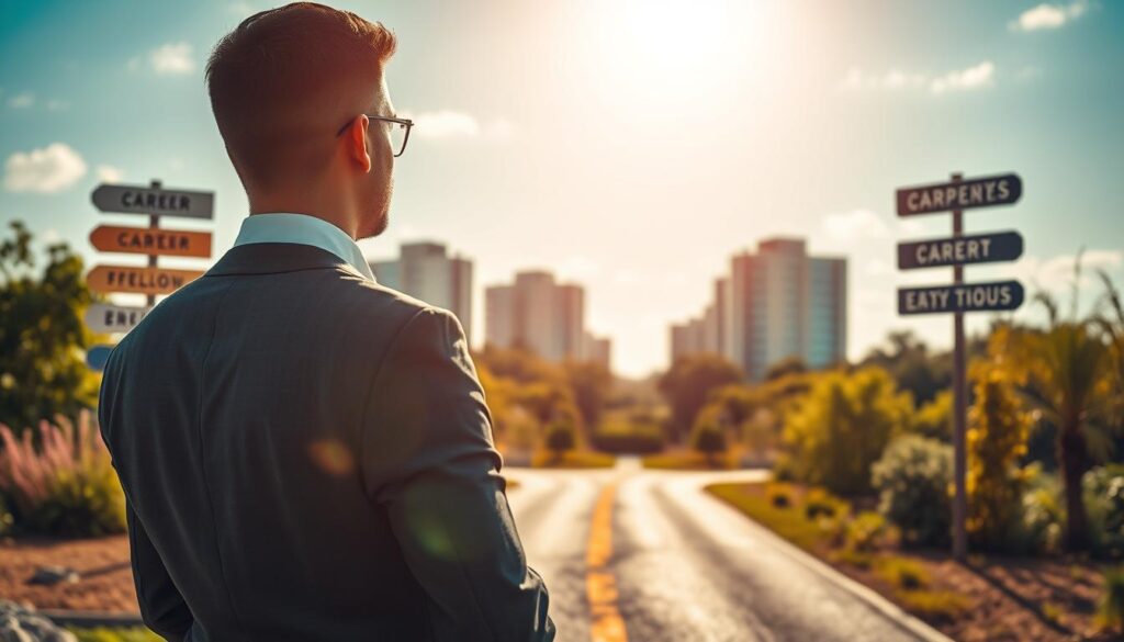 A contemplative individual in professional business attire stands at a crossroads, symbolizing the decision to switch jobs. In the foreground, the person gazes thoughtfully at two divergent paths, surrounded by signs displaying various career options. The middle ground features a blend of office buildings and nature, representing the contrast between corporate life and personal fulfillment. The background showcases a bright sky, symbolizing hope and new beginnings. The scene is captured with a Sony A7R IV at 70mm, using a polarized filter to enhance colors and details. The lighting is soft yet clear, creating a reflective atmosphere that conveys the necessity and significance of making a career change.