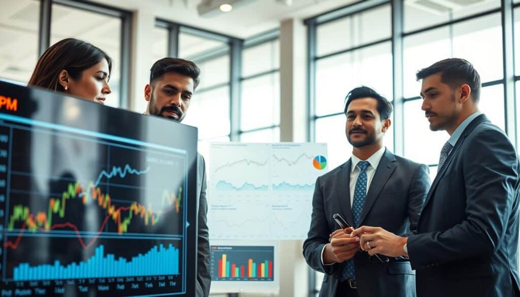 A contemporary business setting featuring a diverse group of three professionals—one woman and two men—analyzing financial graphs and charts on a large screen. The foreground includes detailed digital representations of the Capital Asset Pricing Model (CAPM), with colorful graphs displaying risk and return metrics. In the middle, the serious expressions of the professionals suggest deep engagement and analysis, dressed in professional business attire. The background shows a modern office environment with large windows allowing natural light to create a bright, optimistic atmosphere. Shot on a Sony A7R IV at 70mm, with a polarized filter, ensuring clear focus and sharp definition on the subjects and visuals. The overall mood conveys a sense of professionalism and intellectual curiosity about financial strategy.