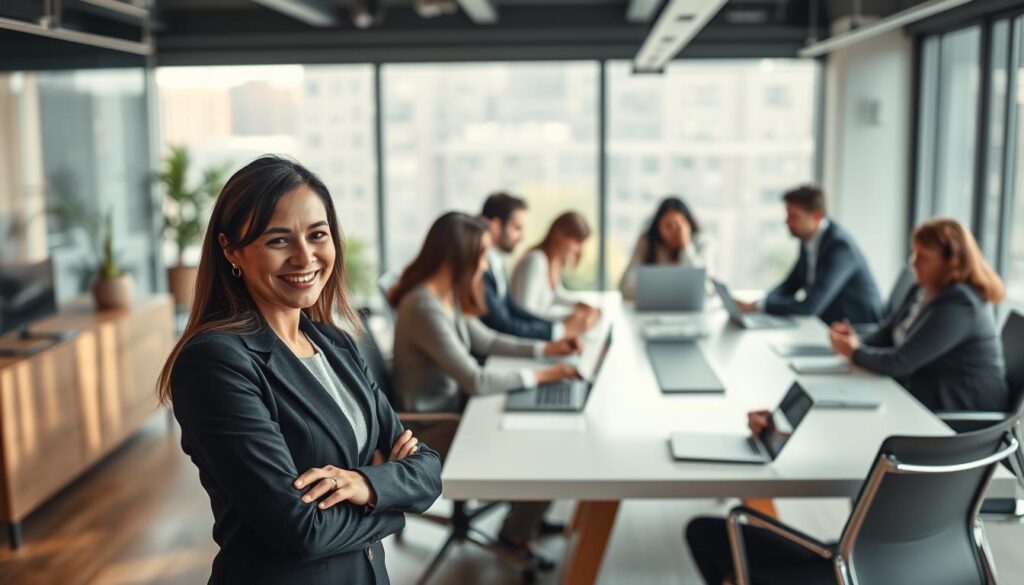 A contemporary workspace depicting digital politeness in the modern age. In the foreground, a professional woman in smart business attire is attentively listening to a colleague with a warm smile, showcasing active engagement. In the middle ground, a diverse group of individuals, both men and women, are engaged in respectful discussions around a sleek, modern conference table with digital devices like laptops and tablets. The background features a bright office environment with large windows allowing natural light to pour in, creating a warm and inviting atmosphere. The image is sharply defined, captured with a Sony A7R IV at 70mm, using a polarized filter to enhance clarity and focus, conveying a sense of professionalism and respect in digital communication.