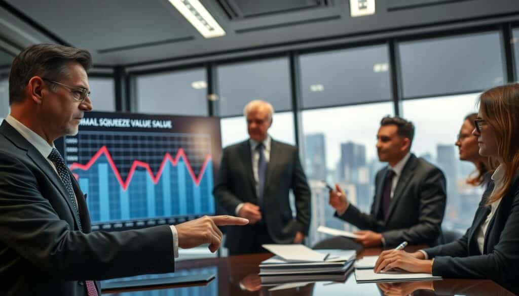 A corporate boardroom scene centered on the concept of "Squeeze-Out" featuring a group of diverse business professionals in formal attire. In the foreground, a serious-looking executive points towards a large financial graph displayed on a screen, illustrating declining shareholder value and suggesting a squeeze-out scenario. In the middle, two other businesspeople engage in discussion, with one taking notes. The background features a modern cityscape visible through large windows, symbolizing the corporate environment. The lighting is bright and professional, emanating from overhead fixtures, creating a clear and focused ambiance. The image is shot on a Sony A7R IV at 70mm with a polarized filter, ensuring sharp detail and vivid colors, conveying a mood of tension and urgency in the decision-making process.