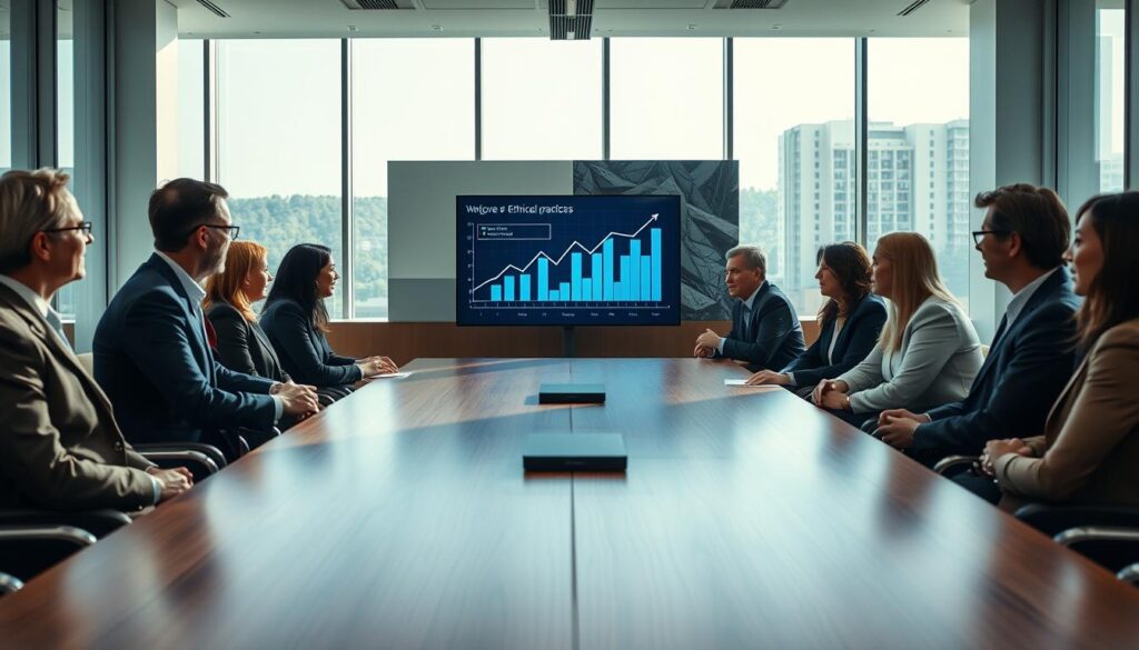 A corporate boardroom setting, brightly lit with large windows allowing natural light to flood in, creating an atmosphere of transparency and openness. In the foreground, a diverse group of professionals in polished business attire—men and women of various ages and ethnicities—are engaged in a lively discussion around a sleek wooden conference table. In the middle, charts and graphs indicating growth and ethical practices are displayed on a digital screen, symbolizing integrity in business. The background features modern corporate artwork that reflects innovation and trust. The image is shot with a Sony A7R IV at 70mm, employing a polarized filter for clarity and sharp focus. The overall mood is one of collaboration, professionalism, and a commitment to ethical business practices. A corporate boardroom setting, brightly lit with large windows allowing natural light to flood in, creating an atmosphere of transparency and openness. In the foreground, a diverse group of professionals in polished business attire—men and women of various ages and ethnicities—are engaged in a lively discussion around a sleek wooden conference table. In the middle, charts and graphs indicating growth and ethical practices are displayed on a digital screen, symbolizing integrity in business. The background features modern corporate artwork that reflects innovation and trust. The image is shot with a Sony A7R IV at 70mm, employing a polarized filter for clarity and sharp focus. The overall mood is one of collaboration, professionalism, and a commitment to ethical business practices.