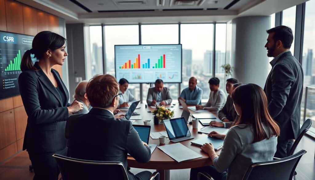 A corporate meeting room filled with diverse stakeholders discussing corporate social responsibility initiatives. In the foreground, a confident woman in a tailored suit gestures towards a large screen displaying CSR metrics. To her right, a man in a casual but professional outfit takes notes. In the middle, a round table surrounded by stakeholders of different ethnic backgrounds. The table is cluttered with reports and technology like laptops and tablets. The background features a large window with natural light pouring in, highlighting a city skyline. The atmosphere is collaborative and focused, conveying a sense of urgency and importance. Shot on a Sony A7R IV with a 70mm lens, clearly focused, sharply defined, using a polarized filter for deeper saturation of colors.