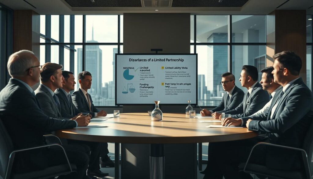 A corporate meeting room with a large round table at the forefront, surrounded by business professionals in formal attire discussing the disadvantages of a limited partnership. The room is well-lit with natural light streaming through floor-to-ceiling windows, casting soft shadows. In the middle, a large presentation screen displays charts and bullet points highlighting potential drawbacks, such as limited liability and funding challenges. The background reveals a modern office skyline, promoting a corporate atmosphere. Shot with a Sony A7R IV at 70mm, the focus is sharp and crystal clear, showcasing the determined expressions of the participants. The mood is serious yet collaborative, emphasizing the weight of the discussion. A polarized filter enhances the clarity and vibrancy of the scene.