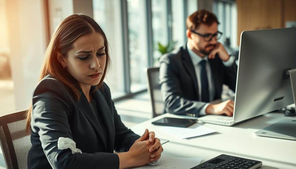 A corporate office environment depicting a professional male and female employee working at their desks despite visibly appearing unwell. The foreground shows the woman with a tired expression, a slight cough, and crumpled tissues by her side, wearing smart professional attire. In the middle ground, the man is focused on a computer screen, with a worried look, also in business attire. The background features a modern open-plan office, with soft daylight streaming through large windows, creating a warm but somber atmosphere. The image is captured using a Sony A7R IV with a 70mm lens, achieving sharp focus on the subjects and a soft blur on background elements, enhanced with a polarized filter to reduce glare. The mood conveys the pressure and burdens associated with presenteeism. A corporate office environment depicting a professional male and female employee working at their desks despite visibly appearing unwell. The foreground shows the woman with a tired expression, a slight cough, and crumpled tissues by her side, wearing smart professional attire. In the middle ground, the man is focused on a computer screen, with a worried look, also in business attire. The background features a modern open-plan office, with soft daylight streaming through large windows, creating a warm but somber atmosphere. The image is captured using a Sony A7R IV with a 70mm lens, achieving sharp focus on the subjects and a soft blur on background elements, enhanced with a polarized filter to reduce glare. The mood conveys the pressure and burdens associated with presenteeism.