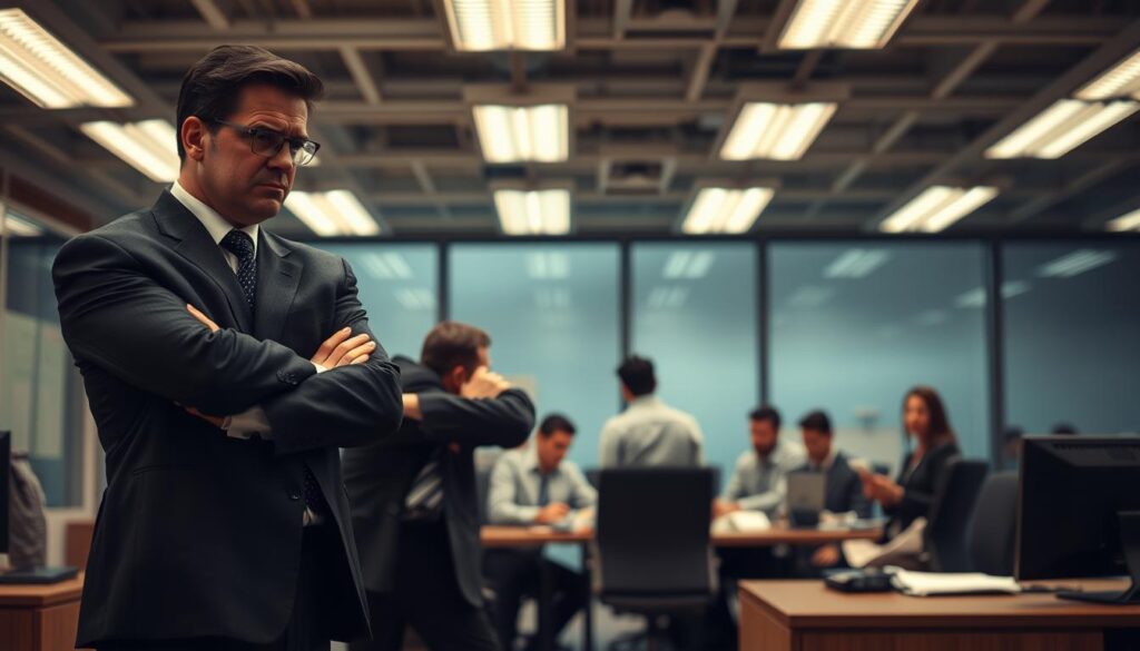 A corporate office environment depicting negative emotions among coworkers. In the foreground, two professionals in formal attire stand apart, their expressions showing frustration and discontent. One leans against a desk with crossed arms, while the other looks away with a frown. In the middle ground, a tense group meeting is taking place, with colleagues exchanging glances filled with annoyance and miscommunication. The background features a dimly lit office space, with flickering fluorescent lights casting shadows and creating a strained atmosphere. Soft focus on the background adds to the sense of isolation. Shot on a Sony A7R IV at 70mm, clearly focused, with a polarized filter to enhance the mood of discontent and tension amongst peers.