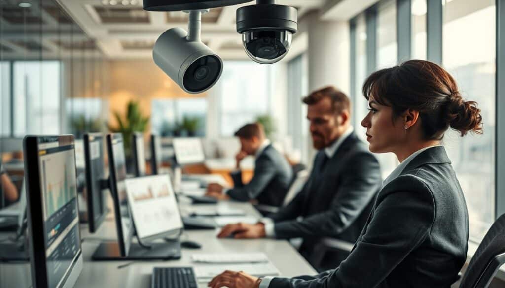A corporate office environment illustrating workplace surveillance methods. In the foreground, a professional-looking employee in business attire is observed working at a desk, with a subtle surveillance camera positioned above, hinting at monitoring. In the middle, there are additional colleagues discreetly glancing at their computer screens, with some displaying analytical charts and graphs that suggest data tracking. The background shows a sleek office design, featuring glass walls and modern furnishings, illuminated by natural light through large windows, creating a slightly tense atmosphere. The image is sharply defined and clearly focused, shot on a Sony A7R IV with a 70mm lens, utilizing a polarized filter to enhance detail. Overall, the mood conveys a sense of scrutiny and the complexities of colleague monitoring in a professional space.